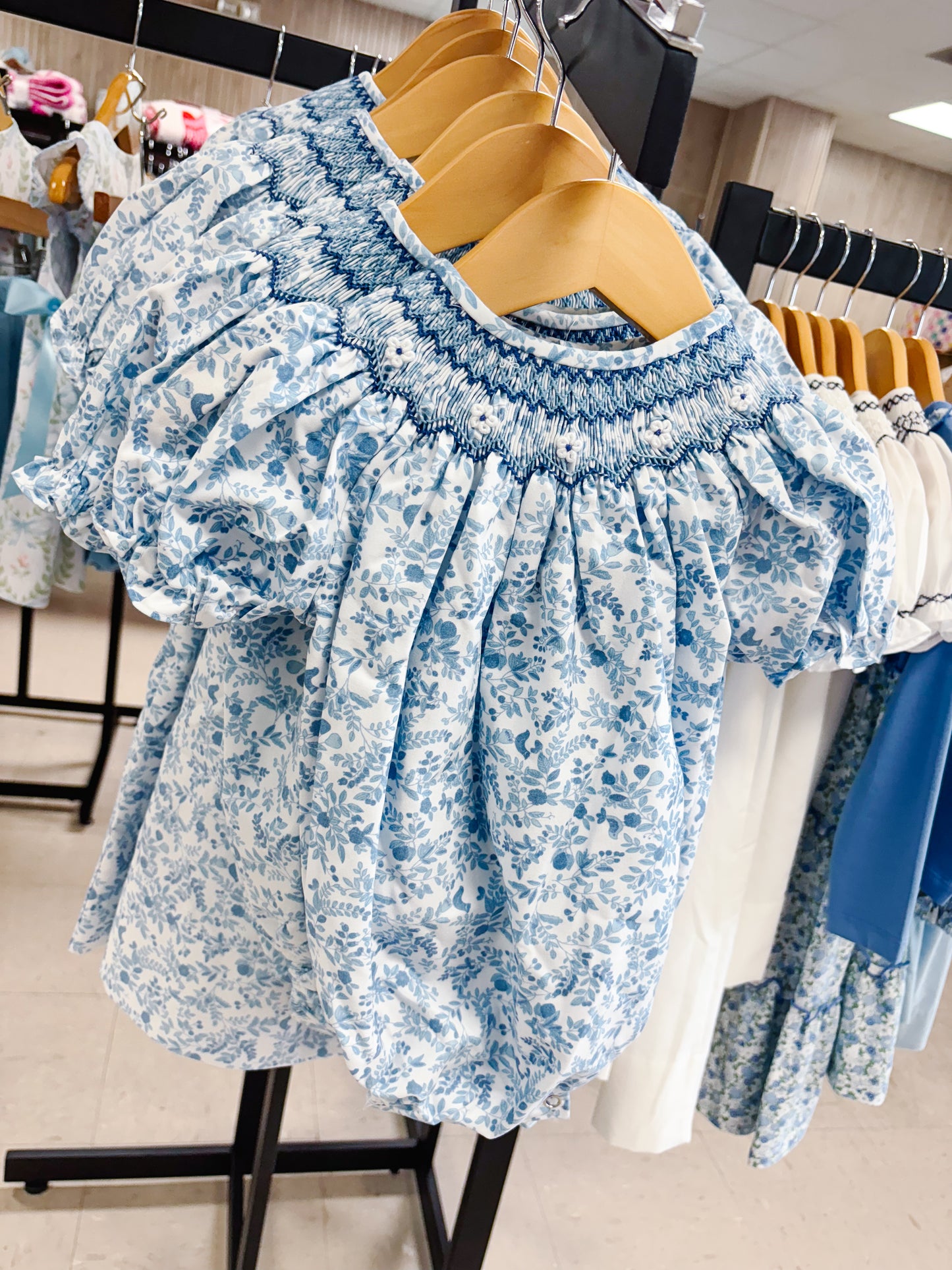 Sweet Dreams Blue Floral Smocked Bubble