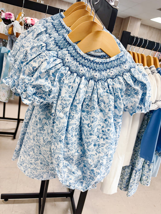 Sweet Dreams Blue Floral Smocked Bubble