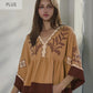 SS Embroidered Plunge V Neck Top