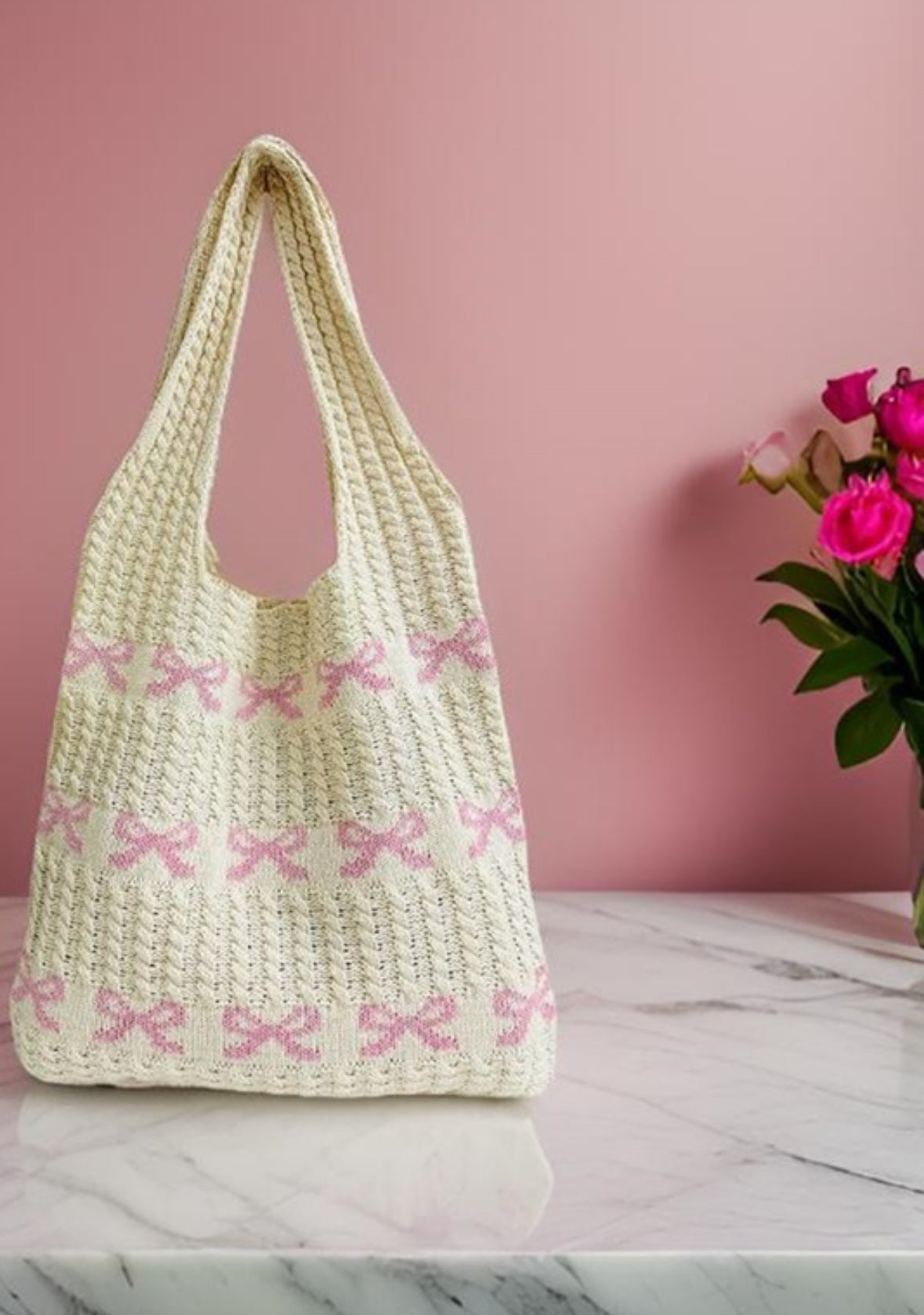 Bow Crochet Tote - Pink