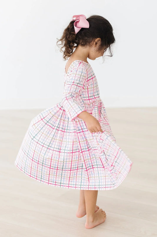 MR Pink Plaid 3/4 Sleeve Pocket Twirl Dress