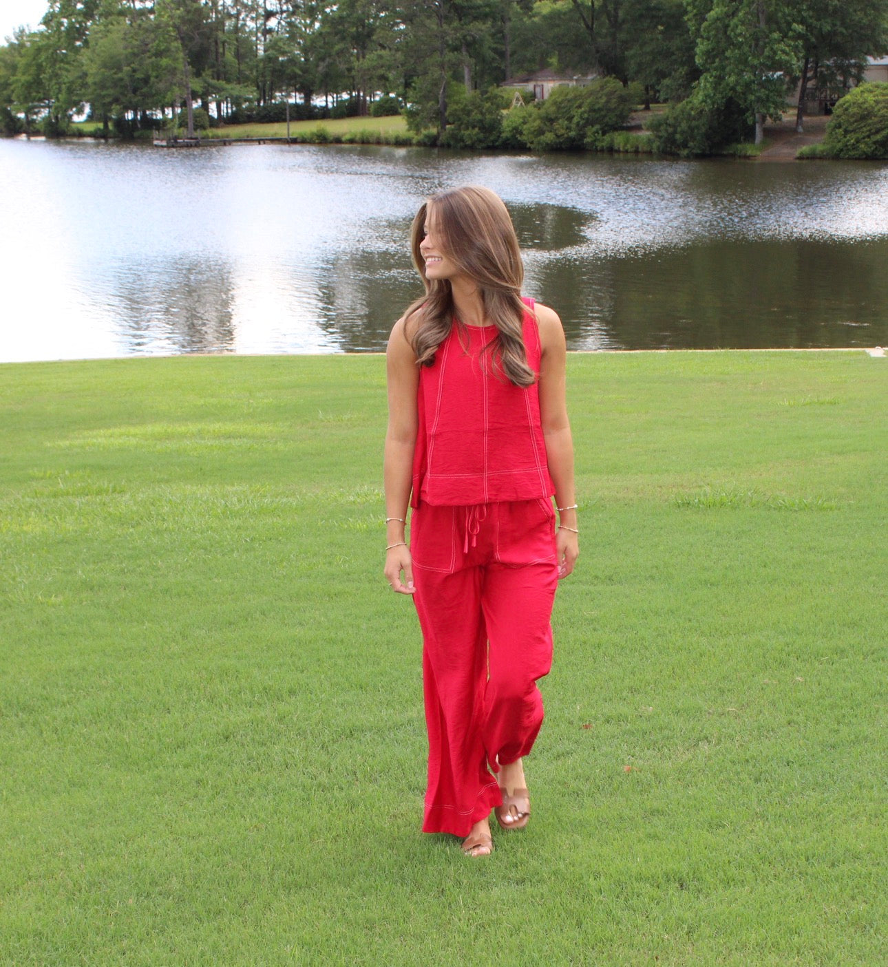 Red Contrast Stitch Pants Set