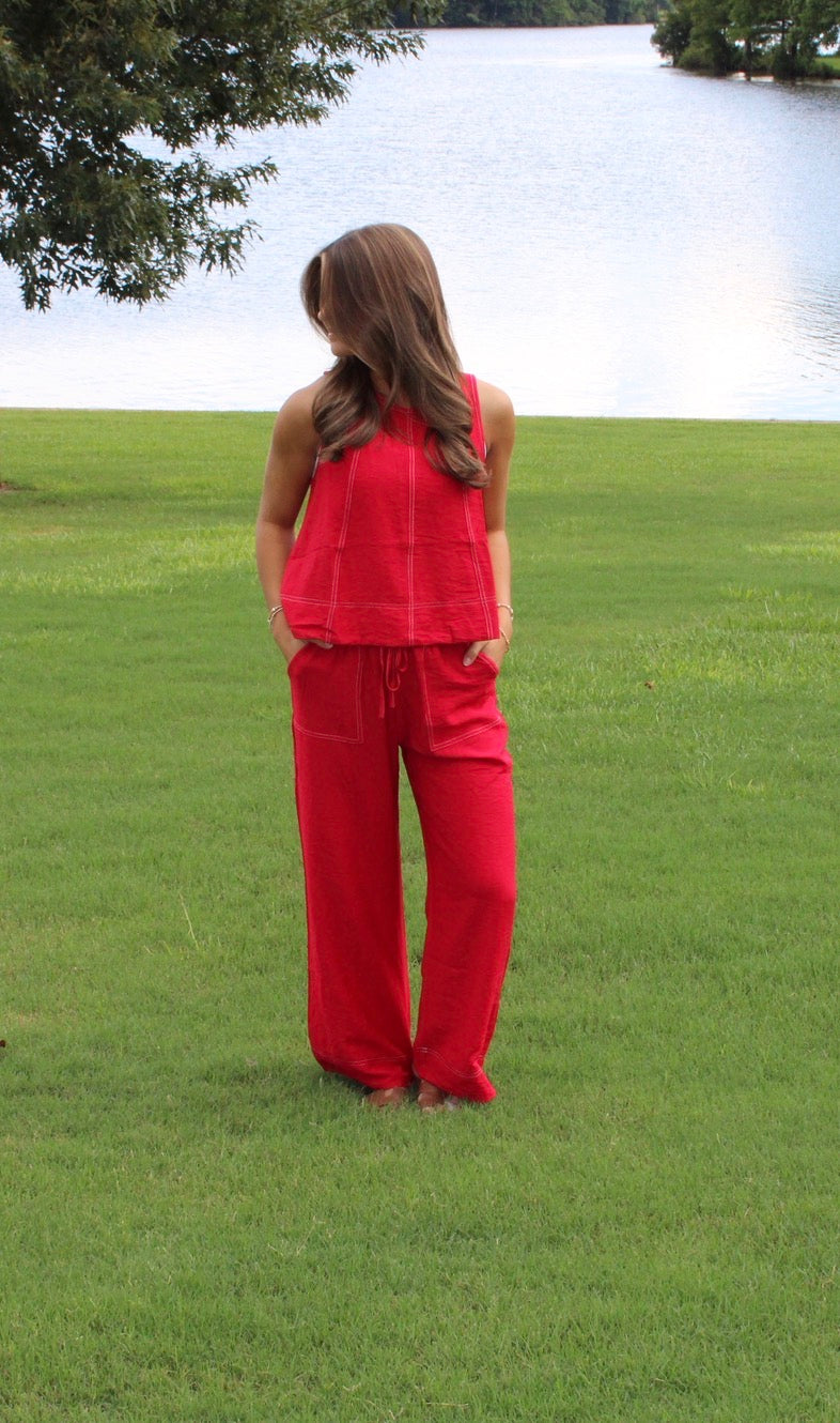 Red Contrast Stitch Pants Set