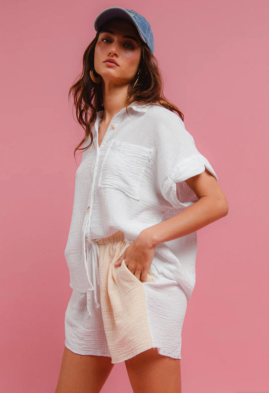SS Frayed Color Block Shorts Set
