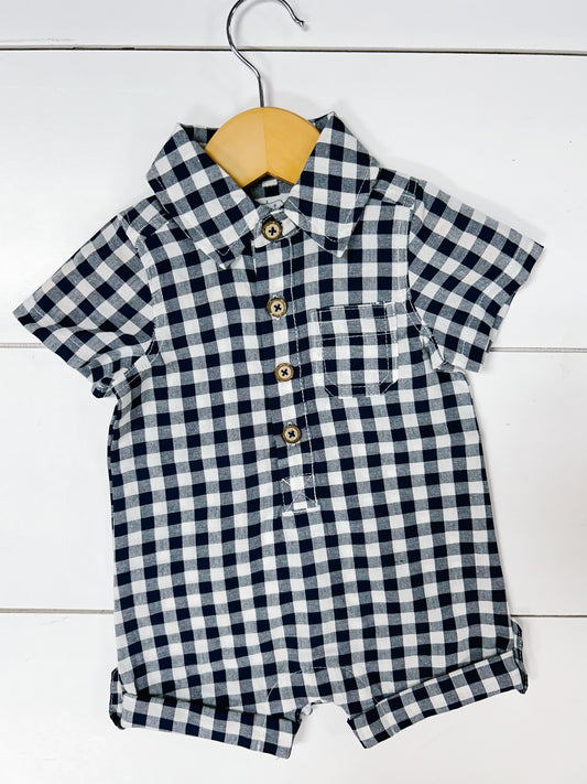 Boys Plaid Romper Navy