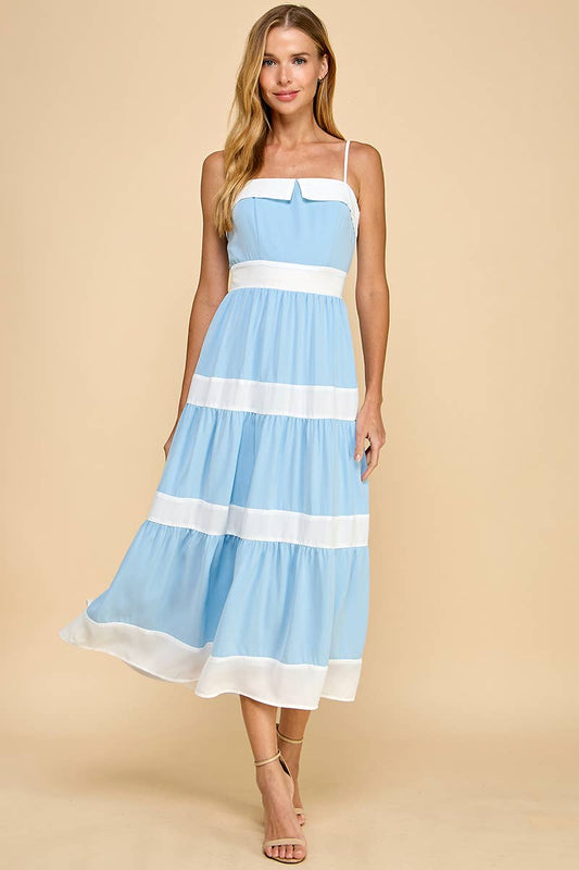 CD05197-Tiered Midi Dress with Alternating Contrast Stripes