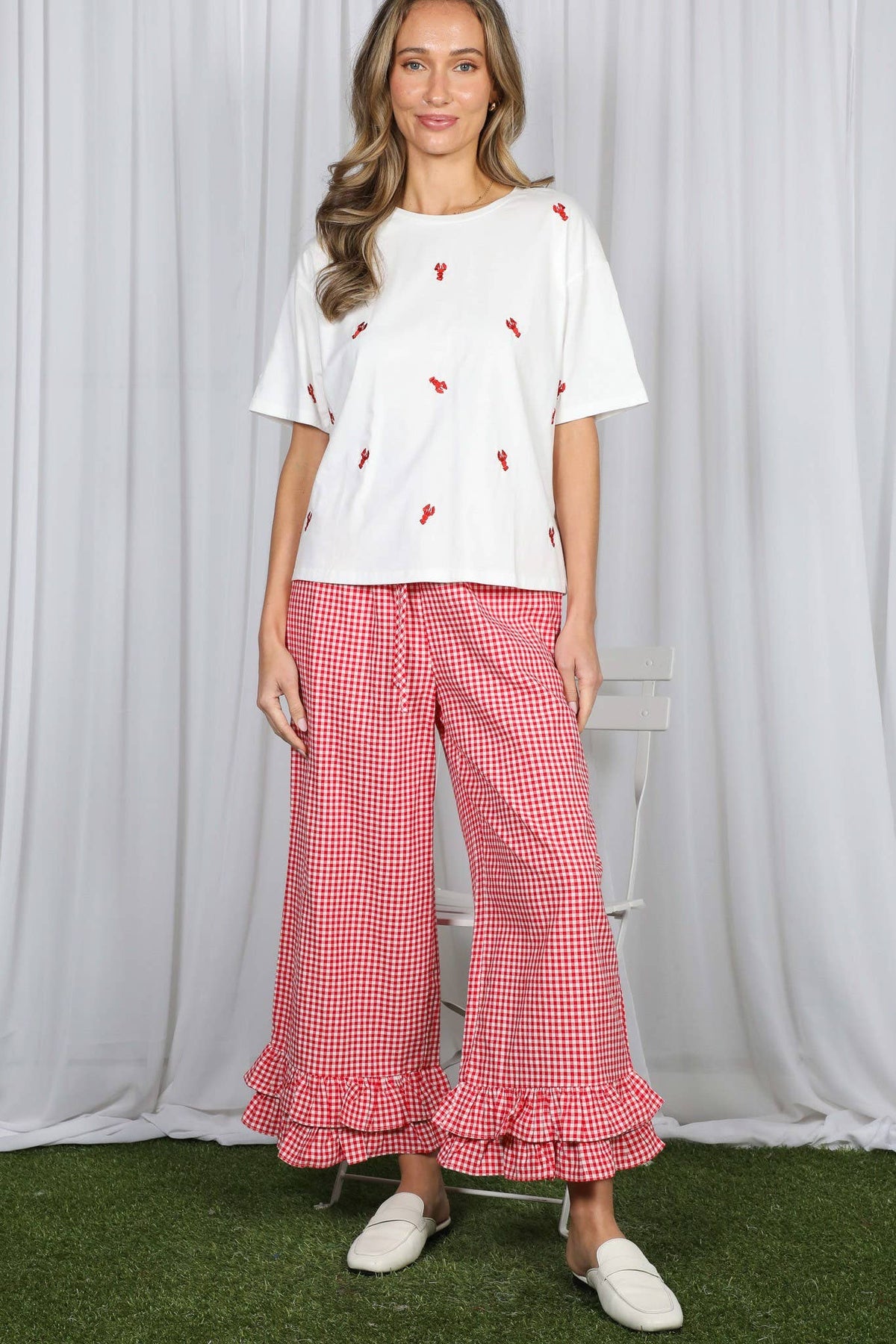 Gingham Ruffled  Cropped Pants