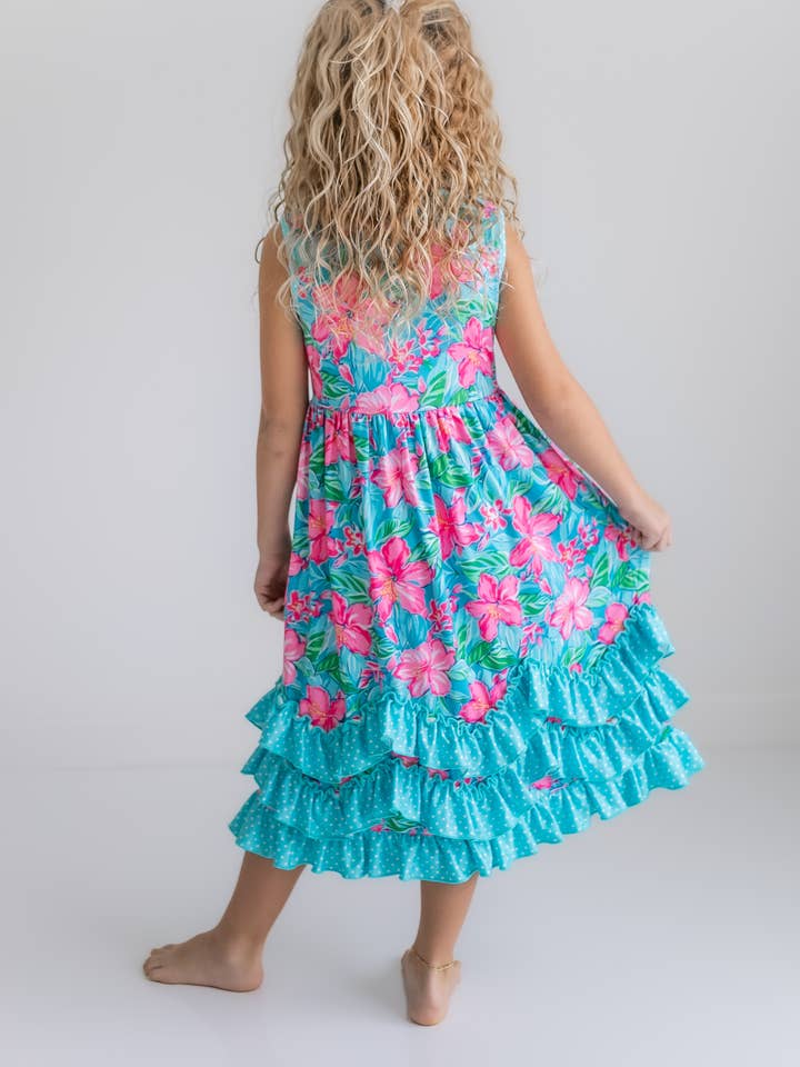 Kids Pink Blue Tropical 3 Ruffle Spring Summer Dress