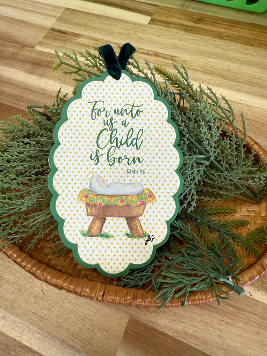Green Cut Out Baby Jesus Wood Ornament