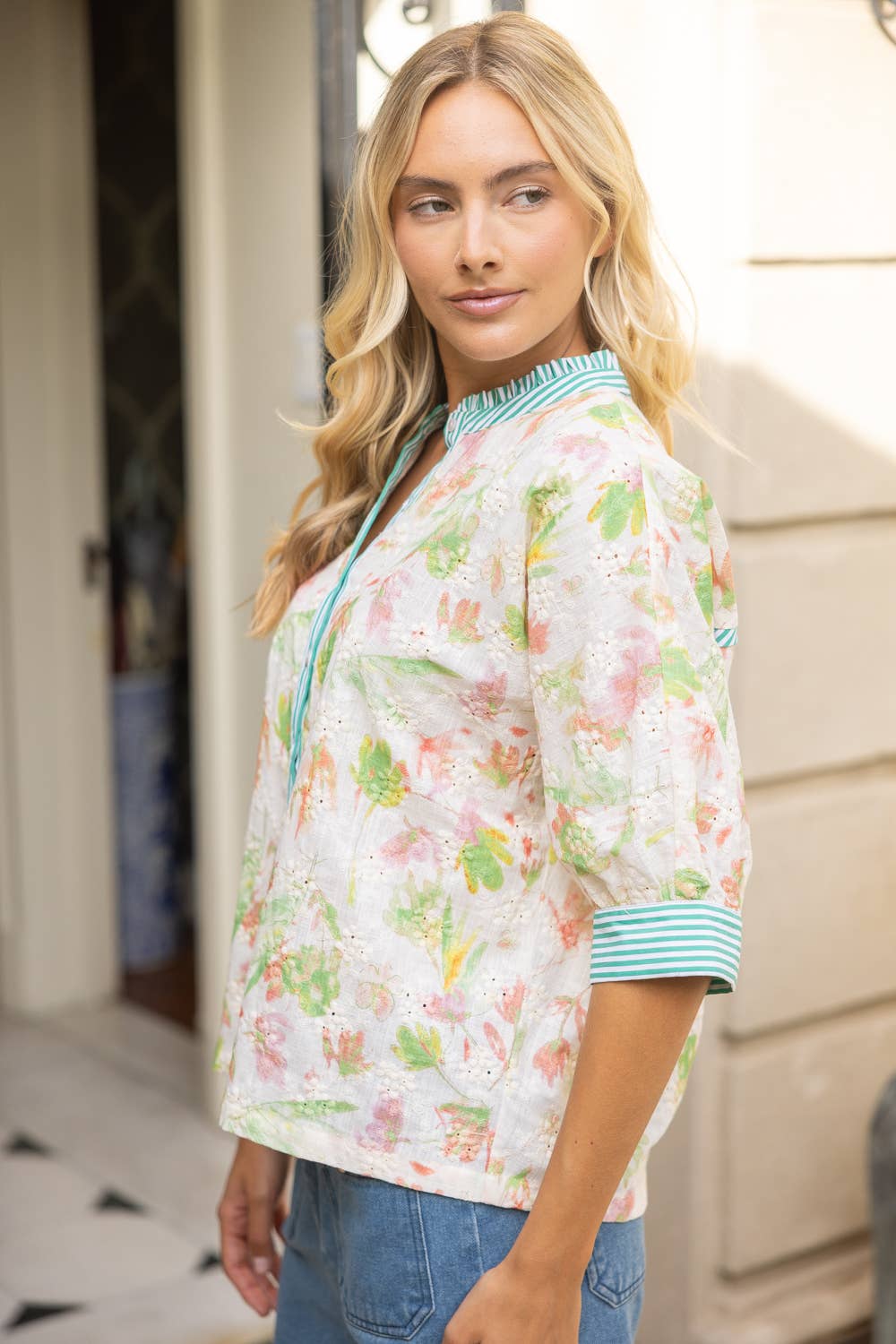 Contrast Button Down Floral Embroidered Top
