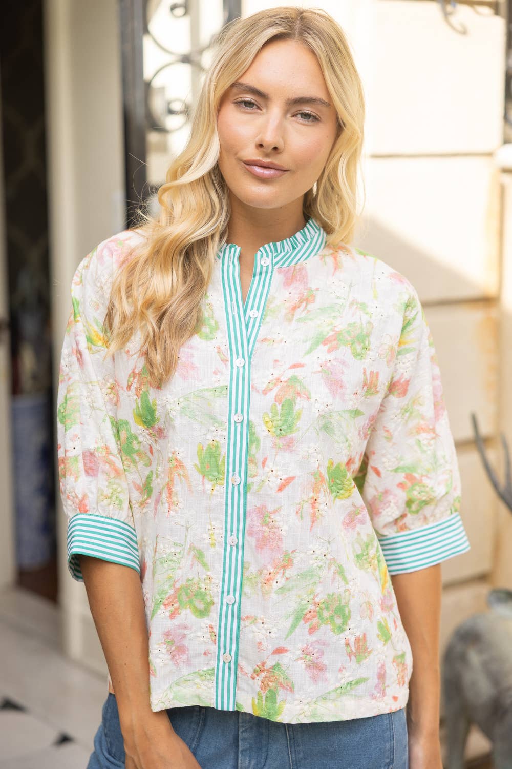 Contrast Button Down Floral Embroidered Top