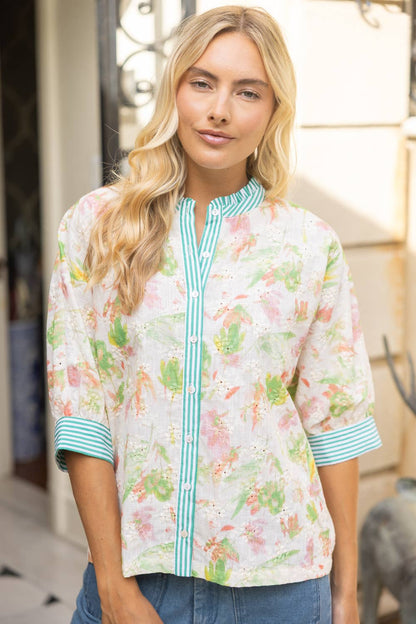 Contrast Button Down Floral Embroidered Top