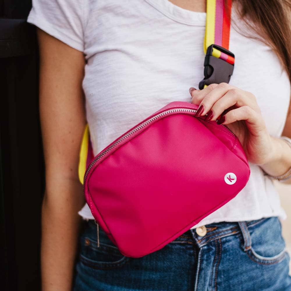 Hot Pink Solid Belt Bag with Striped Strap