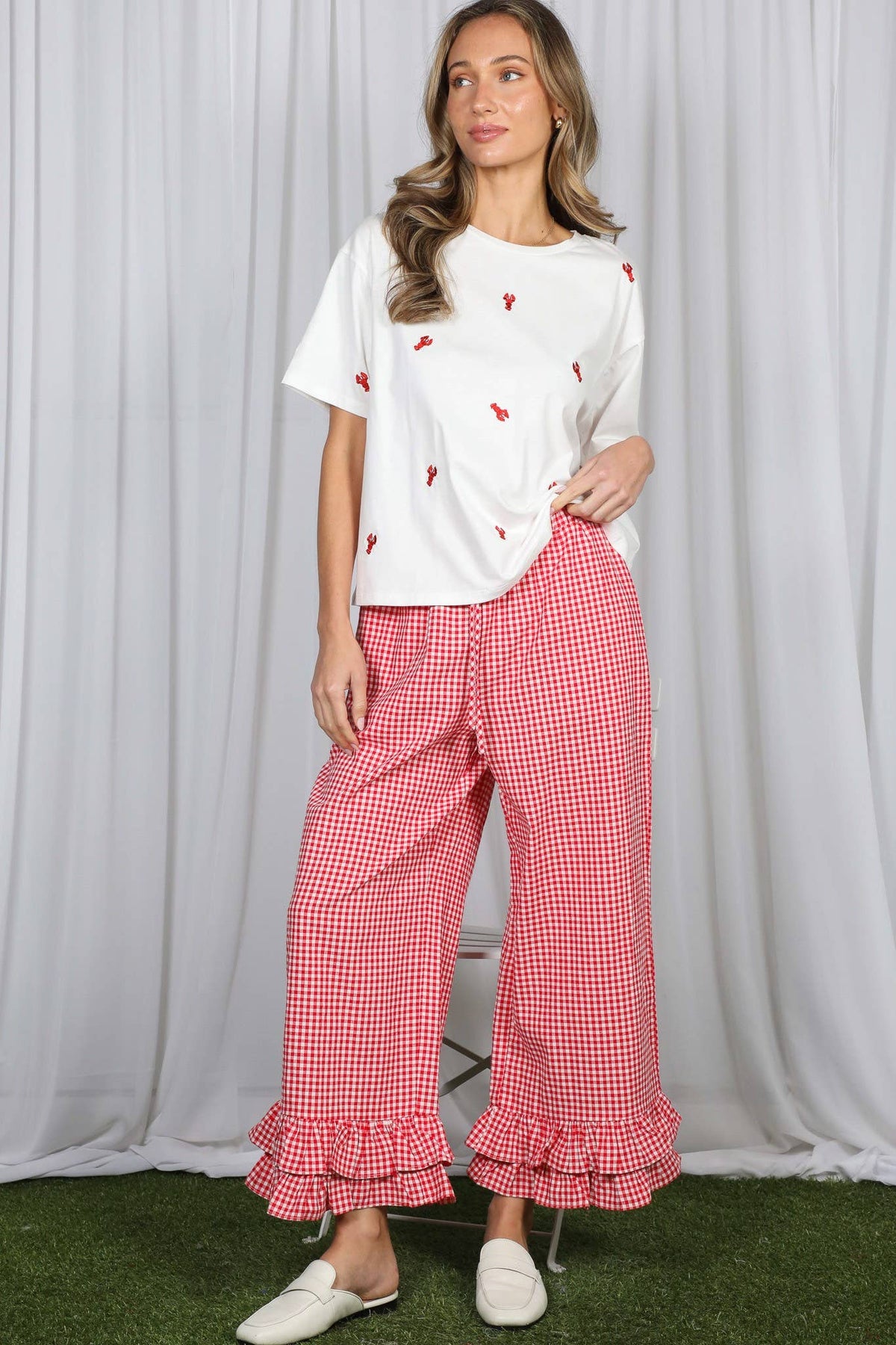Gingham Ruffled  Cropped Pants
