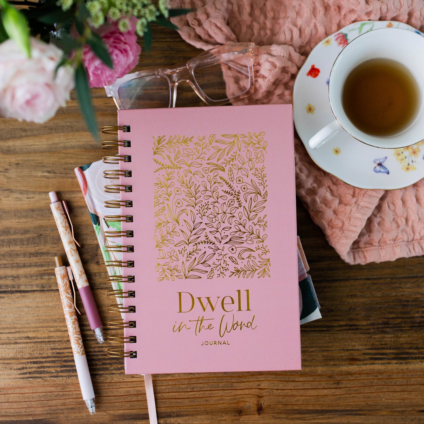 Dwell in the Word Journal | Gold Foil Floral Spiral