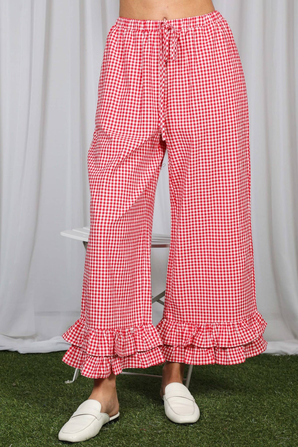 Gingham Ruffled  Cropped Pants