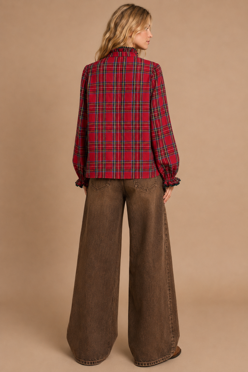 Mixed-Tartan Plaid Blouse