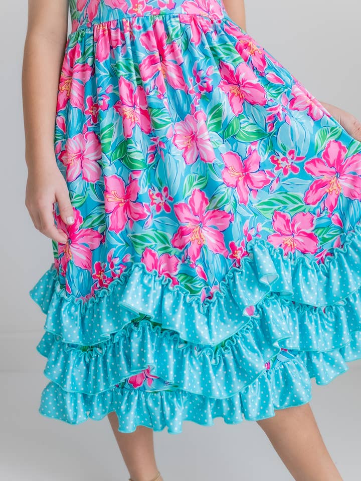 Kids Pink Blue Tropical 3 Ruffle Spring Summer Dress