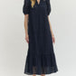 Navy Eyelet Ruffle Hem Dress