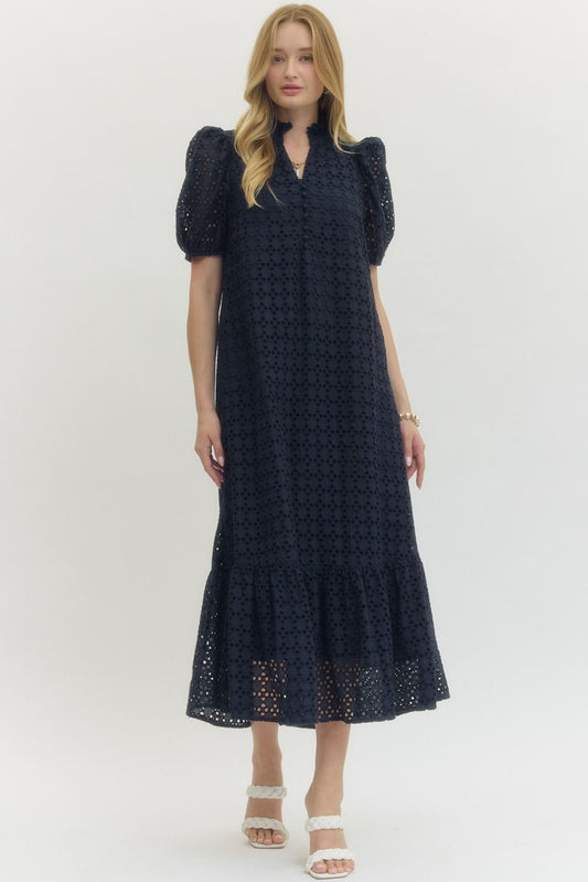 Navy Eyelet Ruffle Hem Dress