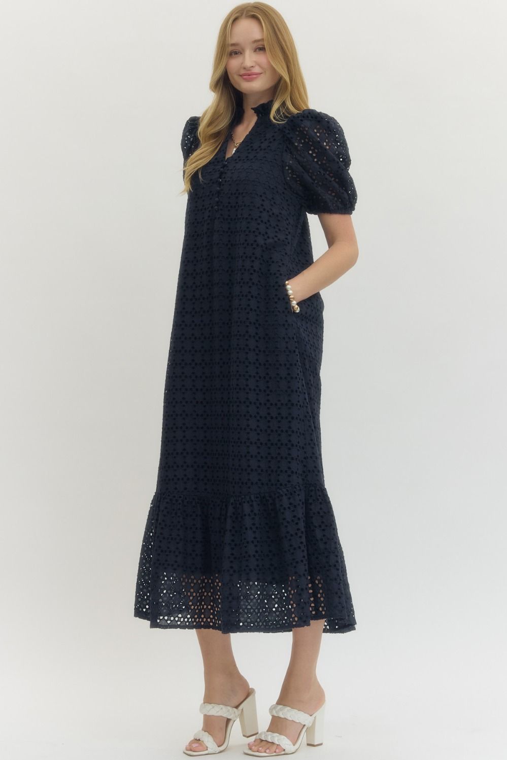 Navy Eyelet Ruffle Hem Dress