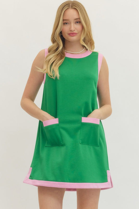 Green with Pink Trim Mini Dress