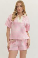 Striped Pink Collared Short Set