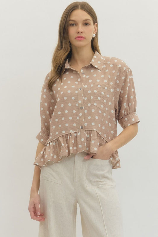 Taupe Polka Dot Ruffle Top