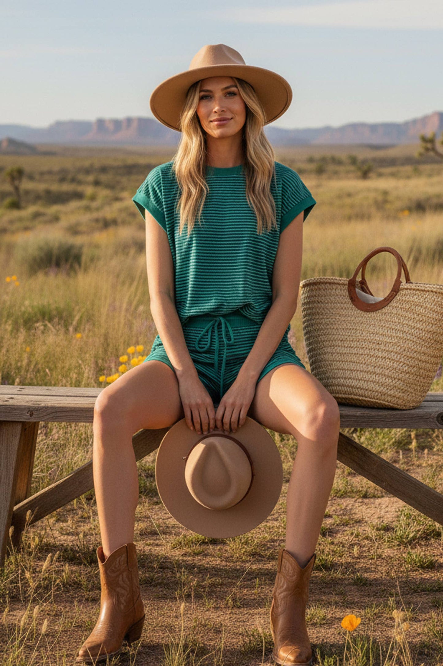 Green Striped Top and Shorts Set