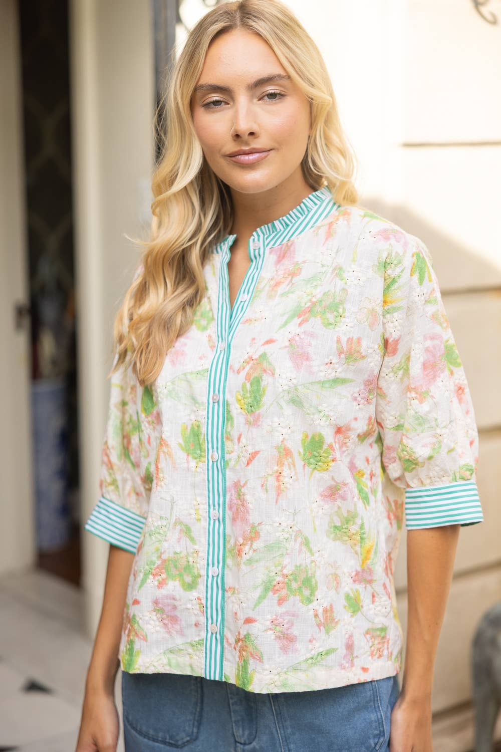 Contrast Button Down Floral Embroidered Top