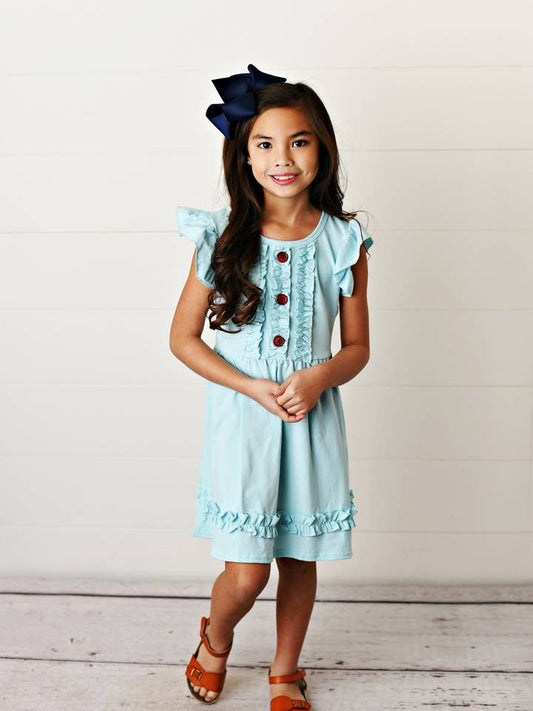 Kids Pastel Blue Ruffle Button Spring Summer Dress