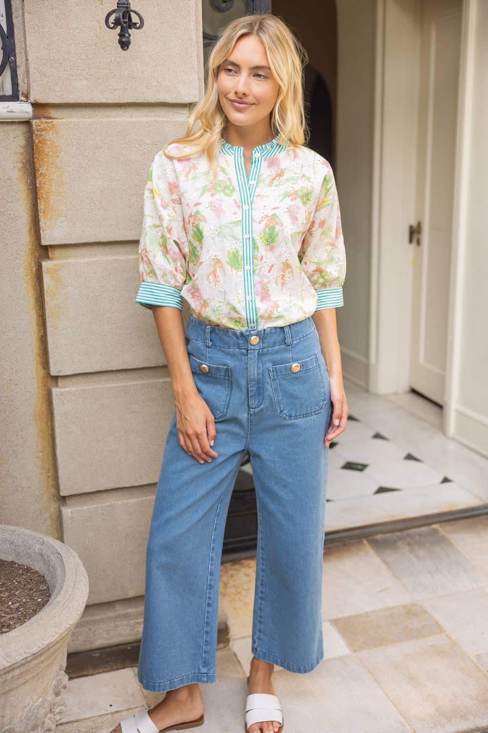 Contrast Button Down Floral Embroidered Top