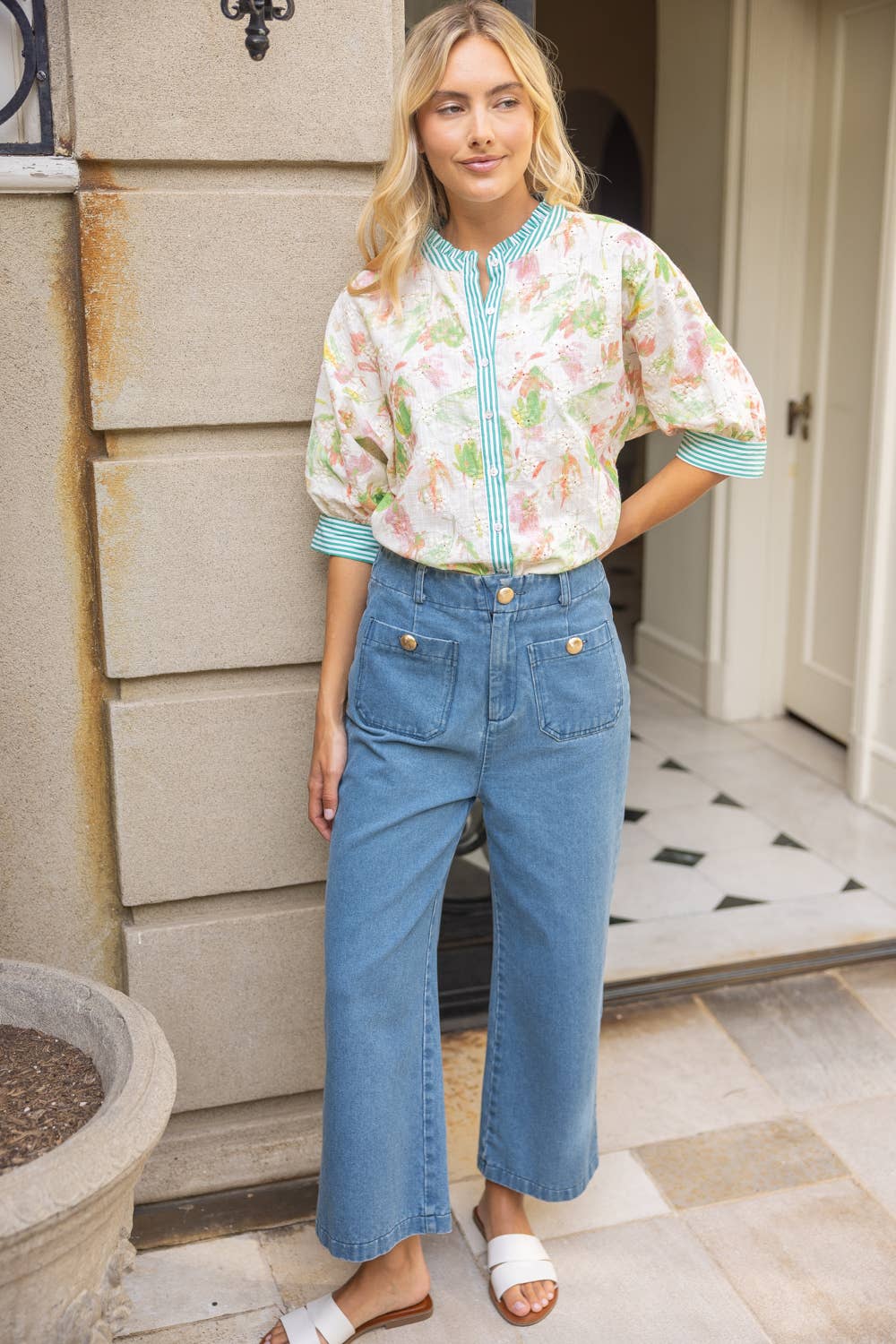 Contrast Button Down Floral Embroidered Top